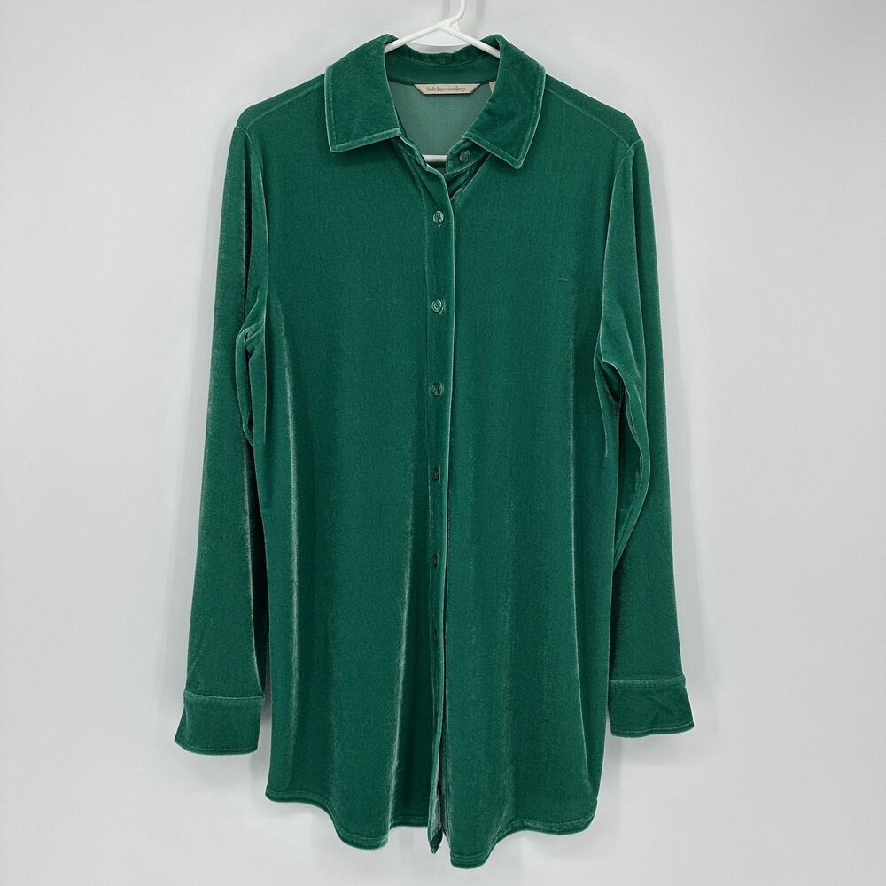 Soft Surroundings Velour Tunic Top Small Green Button Front Luxe Lounge Luxury